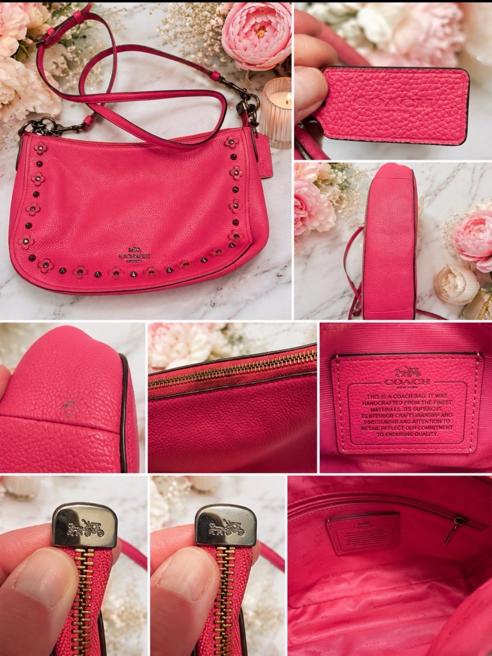 Coach Hot Pink Pebbled Leather Crossbody with Stud Trim